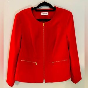 Calvin Klein Womens 14 Petite Blazer Red Gold Full Zip Stretch Long Sleeve